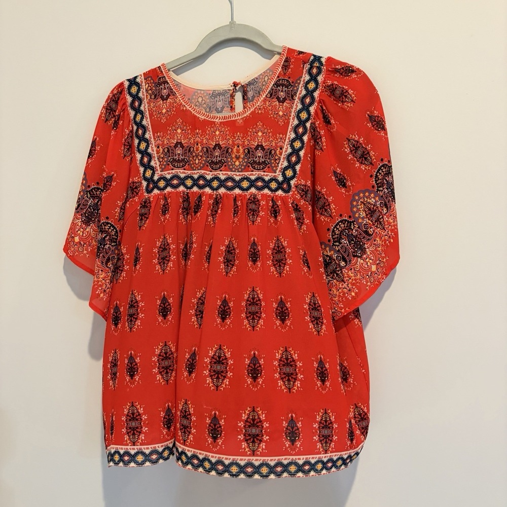 Women's Red Boho Style Flutter Sleeve Blouse With Keyhole Neck Oversized L/XL